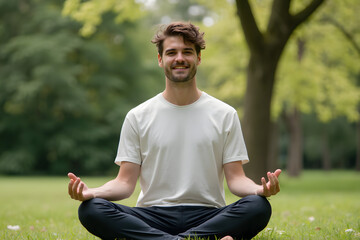 Fototapeta premium Man Meditating Outdoors at Sunset