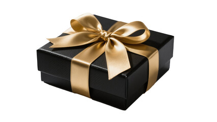 Obraz premium Black Gift Box With Gold Ribbon - Luxury Present, Elegant Packaging Isolated On White Transparent Background PNG Object Cut Out Social Media Modern Minimal Editable Banner Label Poster 4K Download