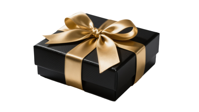 Black Gift Box With Gold Ribbon - Luxury Present, Elegant Packaging Isolated On White Transparent Background PNG Object Cut Out Social Media Modern Minimal Editable Banner Label Poster 4K Download