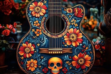 Obraz premium Close-up of an acoustic guitar decorated with vibrant orange and yellow flowers and a contrasting orange skull against a dark blue background evoking a lively and artistic atmosphere