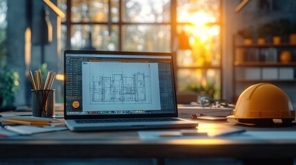 Laptop displaying building architectural blueprint on desk with yellow hard hat and pencils in warm sunset light inside modern office
