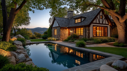 Obraz premium Dream Home Oasis: A stunning, classic house, illuminated by soft lights, sits beside a tranquil pool surrounded by lush landscaping, epitomizing luxury living.