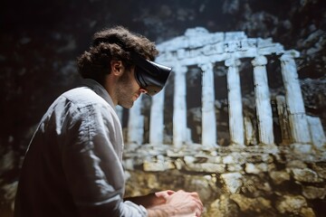 A man wearing a virtual reality headset is looking at a building