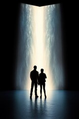 silhouettes of two people standing close together in front of a large waterfall with bright light shining through the falling water creating a dramatic and serene atmosphere