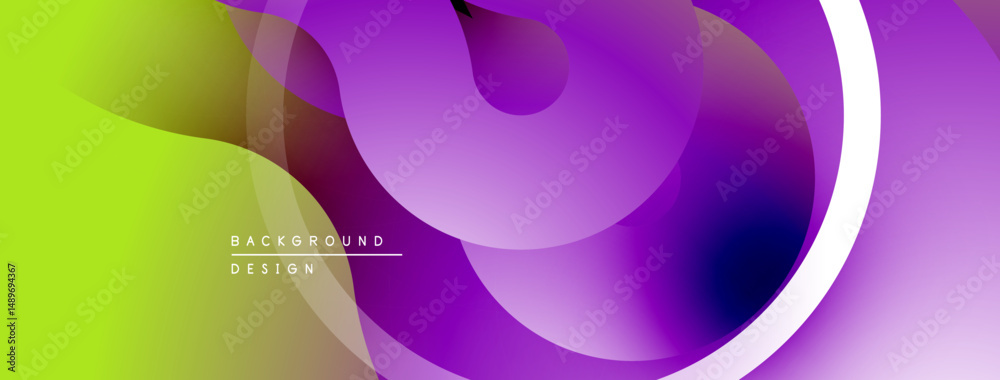 Fototapete Abstract vibrant background. Overlapping circles create fluid shapes, gradients transition from green to purple. Modern design element.