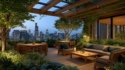 Fototapeta premium City View Terrace: An elevated outdoor space offering a panoramic view of the city skyline at dusk, framed by lush greenery and wooden furniture, creating an inviting atmosphere.