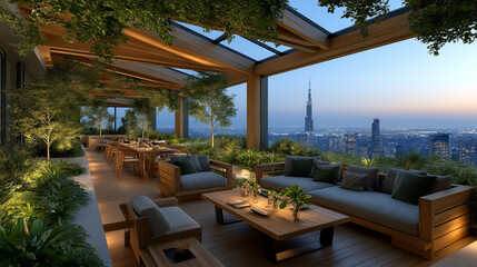 Rooftop Oasis: A tranquil rooftop terrace offers a luxurious escape, showcasing stunning views of a modern city skyline with natural elements