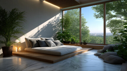 Fototapeta premium Serene Bedroom Sanctuary: A bright and airy bedroom sanctuary boasts a modern low-profile bed, soft cushions, and a breathtaking panoramic view of lush greenery through expansive windows.