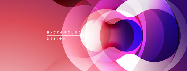 Abstract circles overlap, creating vibrant gradients. Pink, purple, blue hues dominate design. Modern, dynamic visual composition.