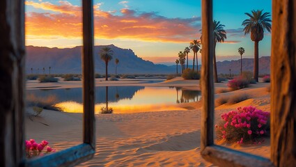 Desert Oasis Sunset Framed by Window with Pink Flowers View