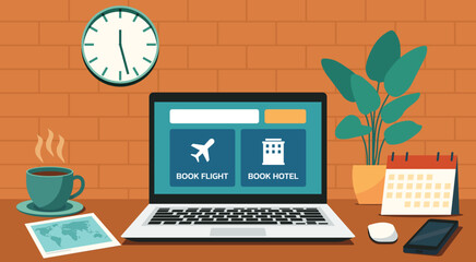 Laptop screen with flight and hotel booking interface at a desk, representing an online travel agent managing client reservations in a flexible remote workspace, vector flat illustration