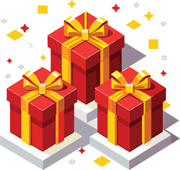 Isolated on white are several gift boxes, one showcasing a vibrant red ribbon and bow, perfect for a birthday surprise or holiday celebration