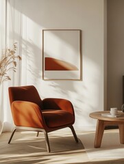 A cozy room displays an orange armchair and a small side table
