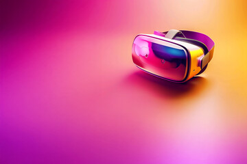 Casque de réalité virtuelle posé sur un fond dégradé rose, violet et orange avec grand espace vide à gauche, design immersif et futuriste, espace négatif copyspace