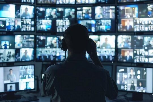 Opérateur de surveillance observant un mur d’écrans vidéo de sécurité dans une salle de contrôle, ambiance de surveillance numérique et cybersécurité