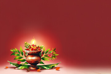 Kalash sacré orné de fleurs et feuilles vertes, symbole rituel de la fête indienne Bonalu, sur fond rouge avec lumière centrale et espace négatif copyspace, célébration spirituelle et religieuse en ju