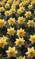 Fototapeta premium Dense cluster of daffodils basking in sunlight, background, plant