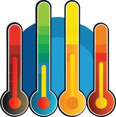 This vector illustration shows a set of thermometers for measuring temperature, displaying both hot and cold on their celsius and fahrenheit scales, essential icons for weather and meteorology