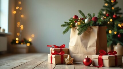 A Festive Paper Bag Filled with Holiday Ornaments Nestled Among Beautifully Wrapped Presents on a Wooden Floor with a Blurred Background of Sparkling Lights and a Decorated Evergreen Tree