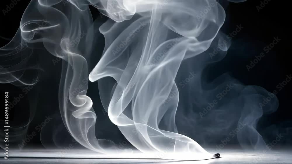 Poster White smoke curls and swirls upward from a burning object against a dark backdrop