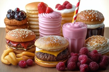 Assorted fast food and desserts including cheeseburgers, curly fries, milkshakes, layered pancakes with fruit toppings, donuts, and fresh raspberries arranged on a wooden surface