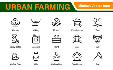 Modern Urban Farming Icons for Community Gardens – Clean Outline, Line Art, Vector Illustrations for Sustainable Farming, Urban Green Projects, and Apps