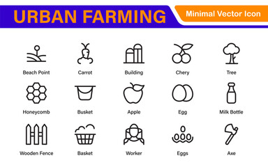 Modern Urban Farming Icons for Community Gardens – Clean Outline, Line Art, Vector Illustrations for Sustainable Farming, Urban Green Projects, and Apps