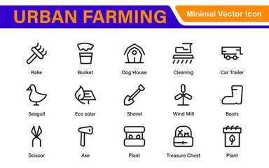 Modern Urban Farming Icons for Community Gardens – Clean Outline, Line Art, Vector Illustrations for Sustainable Farming, Urban Green Projects, and Apps