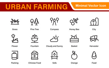 Modern Urban Farming Icons for Community Gardens – Clean Outline, Line Art, Vector Illustrations for Sustainable Farming, Urban Green Projects, and Apps