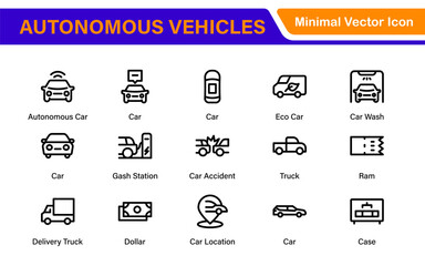 Autonomous Vehicles Self-Driving Car Icons – Minimal Line Vector Illustrations for Smart Transportation, Electric Cars, Future Mobility.