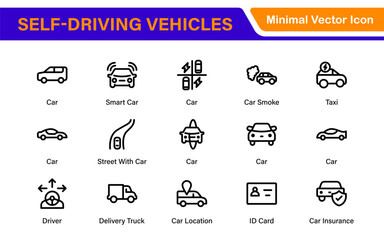 Autonomous Vehicles Self-Driving Car Icons – Minimal Line Vector Illustrations for Smart Transportation, Electric Cars, Future Mobility.