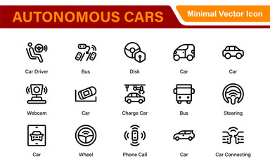 Autonomous Vehicles Self-Driving Car Icons – Minimal Line Vector Illustrations for Smart Transportation, Electric Cars, Future Mobility.