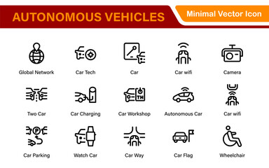 Autonomous Vehicles Self-Driving Car Icons – Minimal Line Vector Illustrations for Smart Transportation, Electric Cars, Future Mobility.