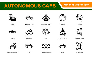 Autonomous Vehicles Self-Driving Car Icons – Minimal Line Vector Illustrations for Smart Transportation, Electric Cars, Future Mobility.