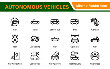 Autonomous Vehicles Self-Driving Car Icons – Minimal Line Vector Illustrations for Smart Transportation, Electric Cars, Future Mobility.