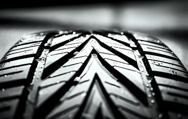 A close-up shot of a tire tread, showcasing the intricate details and texture of the rubber. The black and white image emphasizes the contrast between the grooves and the raised surfaces, creating an 