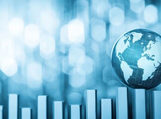 Blue Abstract Global Economy Concept with Earth and Bar Graphs