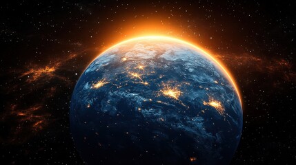 Fototapeta premium View of Earth from space showing illuminated city lights on the dark side and glowing sunrise on the horizon with stars in the background