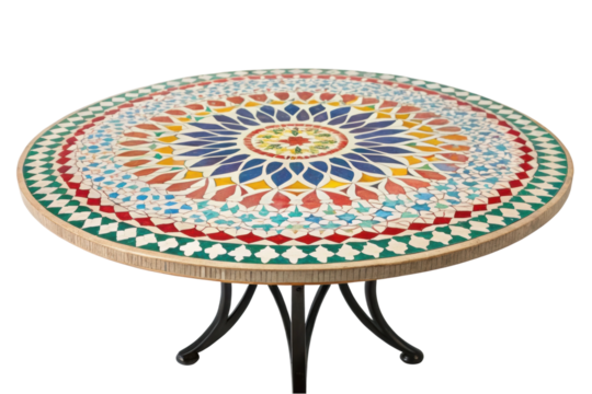 PNG Colorful mosaic table with geometric pattern and black metal legs - Powered by Adobe