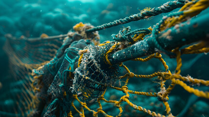 A close up view of old fishing net and rope underwater with a blurry turquoise background scene