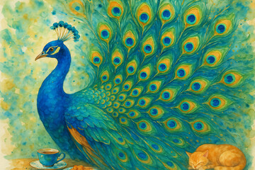 Vibrant peafowl displaying feathers serene garden setting watercolor art peaceful environment artistic perspective nature's beauty