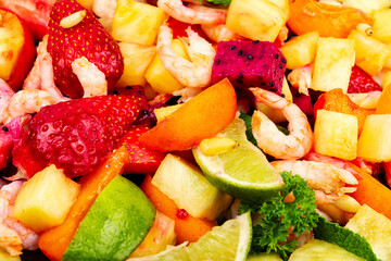Plate of shrimp fruits salad.