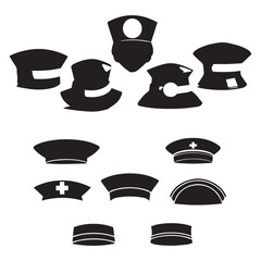set of black various nurse hat vector silhouettes isolated on white background