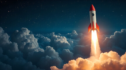 Fototapeta premium A space rocket launching through clouds at night, against a backdrop of stars, symbolizing exploration and ambition.