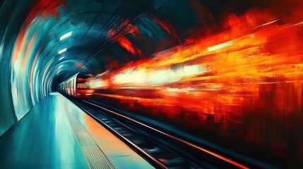 Fototapeta premium High-speed train rushing through an illuminated underground tunnel station with vibrant blue and fiery orange motion blur