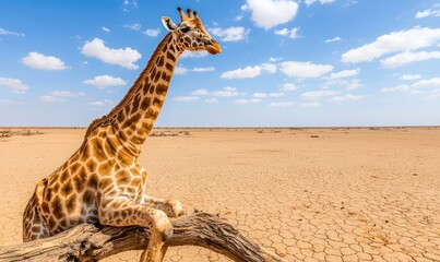 Obraz premium Giraffe Relaxing on a Branch in a Dry Desert Landscape