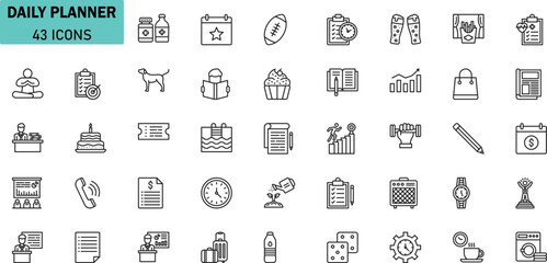 Daily Planner Vector Icon Set. 43 Minimal Line Style Schedule, Task, and Routine Icons