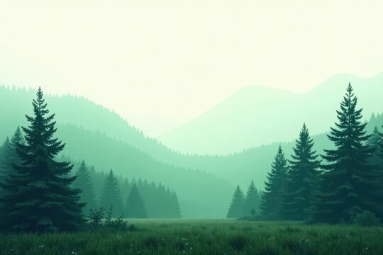 Serene Misty Mountain Landscape with Evergreen Trees and Lush Meadow