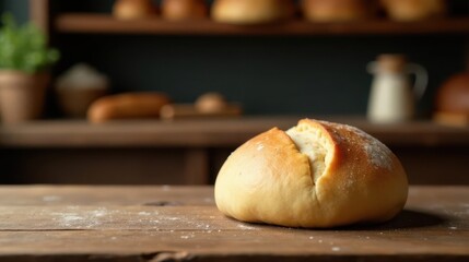 A freshly baked artisan bread roll sits on a rustic wooden table, with a blurred background of more baked goods on wooden shelves.