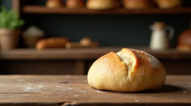 A freshly baked artisan bread roll sits on a rustic wooden table, with a blurred background of more baked goods on wooden shelves.